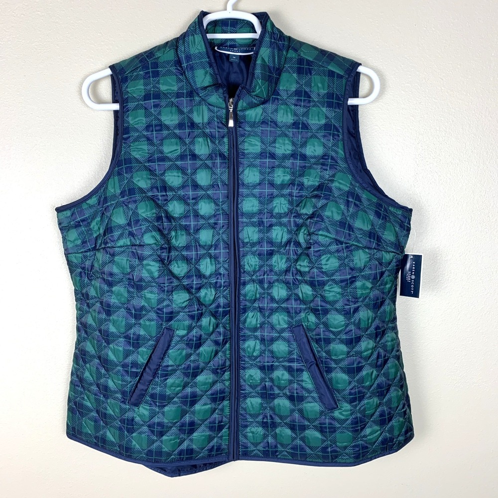 Karen Scott Womens Vest NEW Size 1X Navy Blue Green Quilted Full Zip Pockets